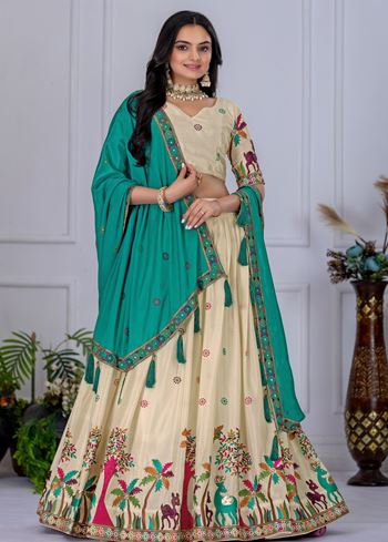Beige Lehenga Choli With Heavy Embroidery With Multi Color Thread Sequence Work