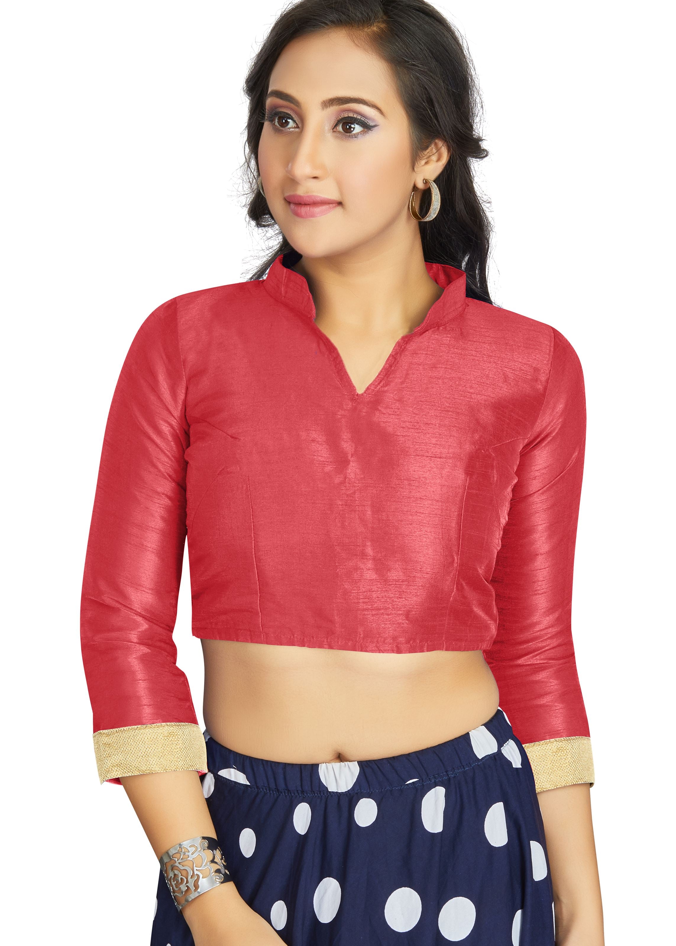 Gajri Art Silk V Neck Chinese Collar Blouse With Matty In Sleeve