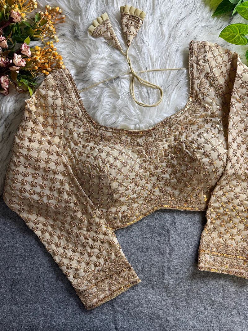 Golden Bridal Blouse with Full Sleeves, U-Neck & Heavy Floral Sequin Work