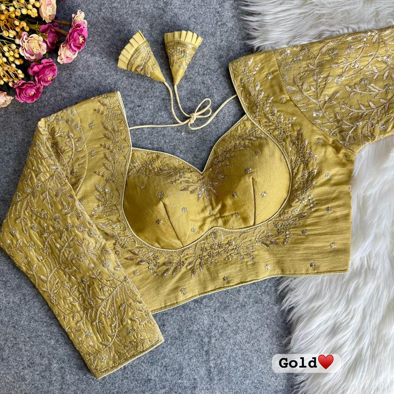Golden Embroidered Blouse with Puff Sleeves & Zari Work