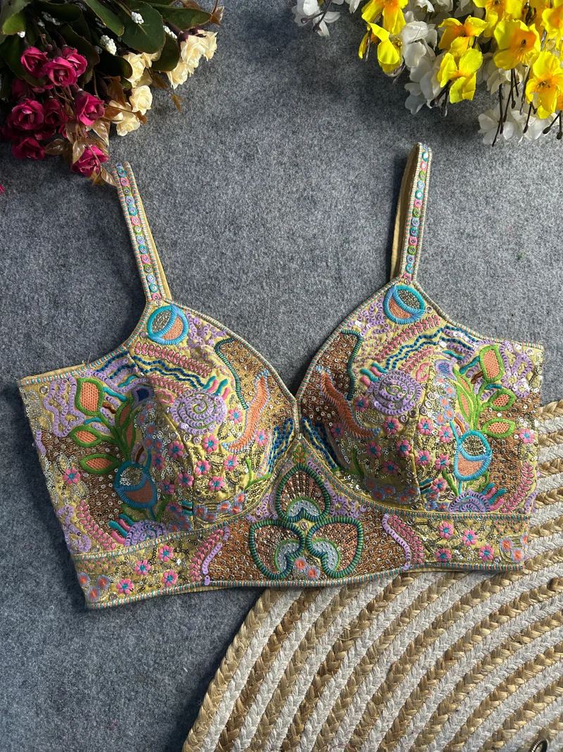 Golden Vibrant Boho Spaghetti Blouse with Mirror & Thread Work