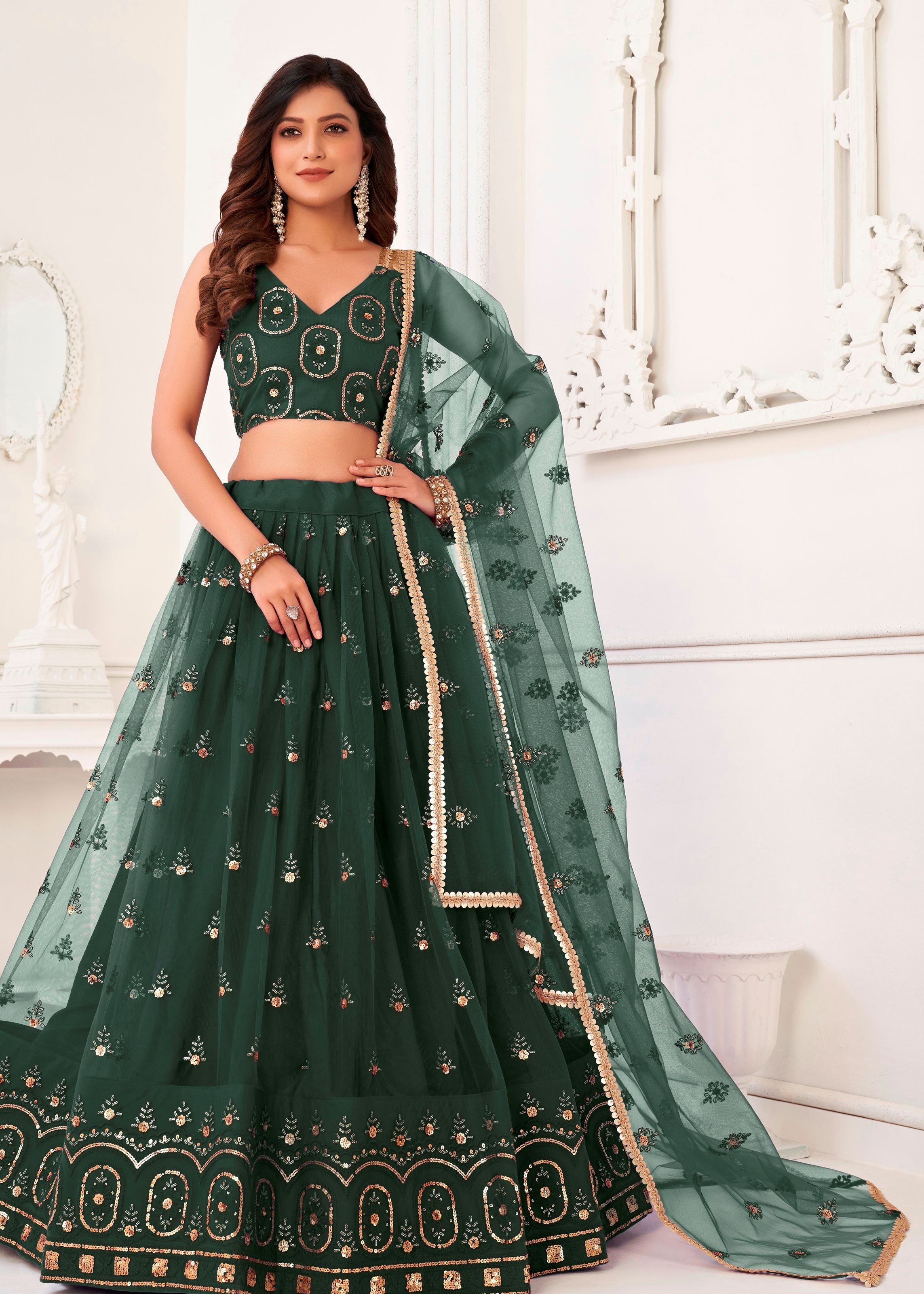Green Butterfly Net Lehenga Choli With Thread And Zari Sandwich Sequence Embroidery Work