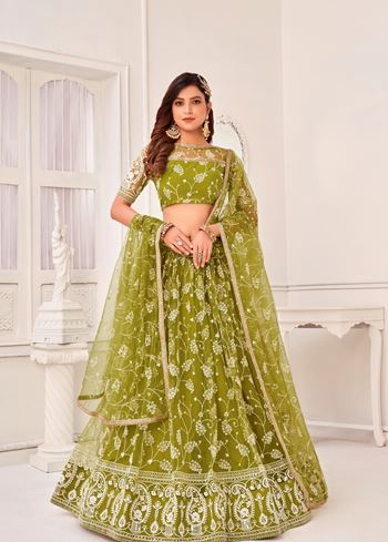Green Butterfly Net Lehenga Choli With White Cotton Thread And Zari Sandwich Sequence Embroidery Work