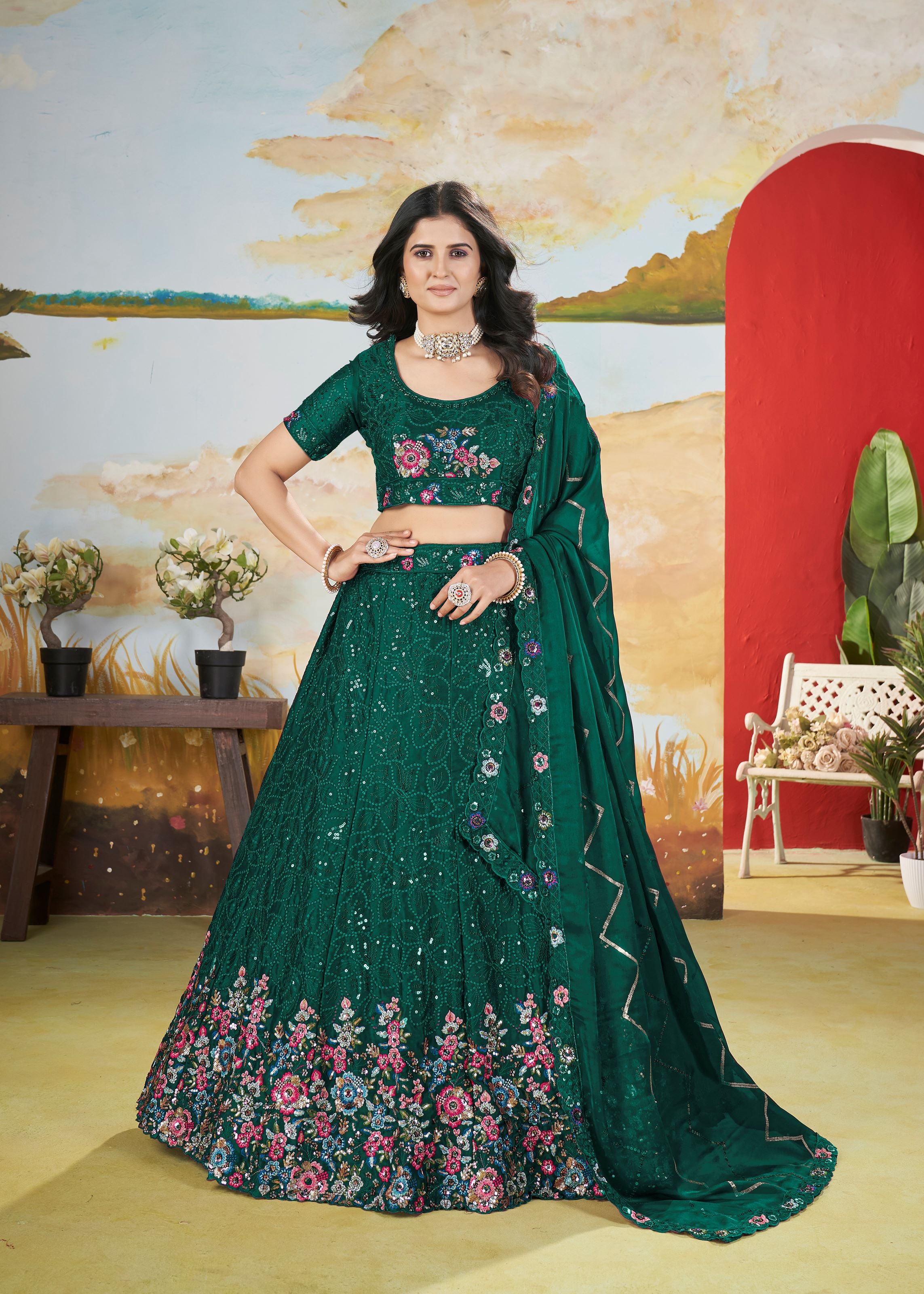 Green Chinnon Lehenga with Fancy Thread Copper Sequins