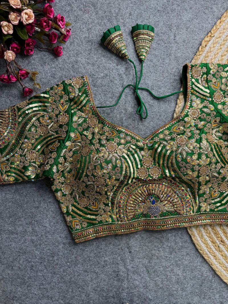 Green Enchanted Feathers Coding & Sequin Bridal Blouse