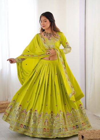 Green Lehenga Choli With Coding Dori With Thread Sequnce Work