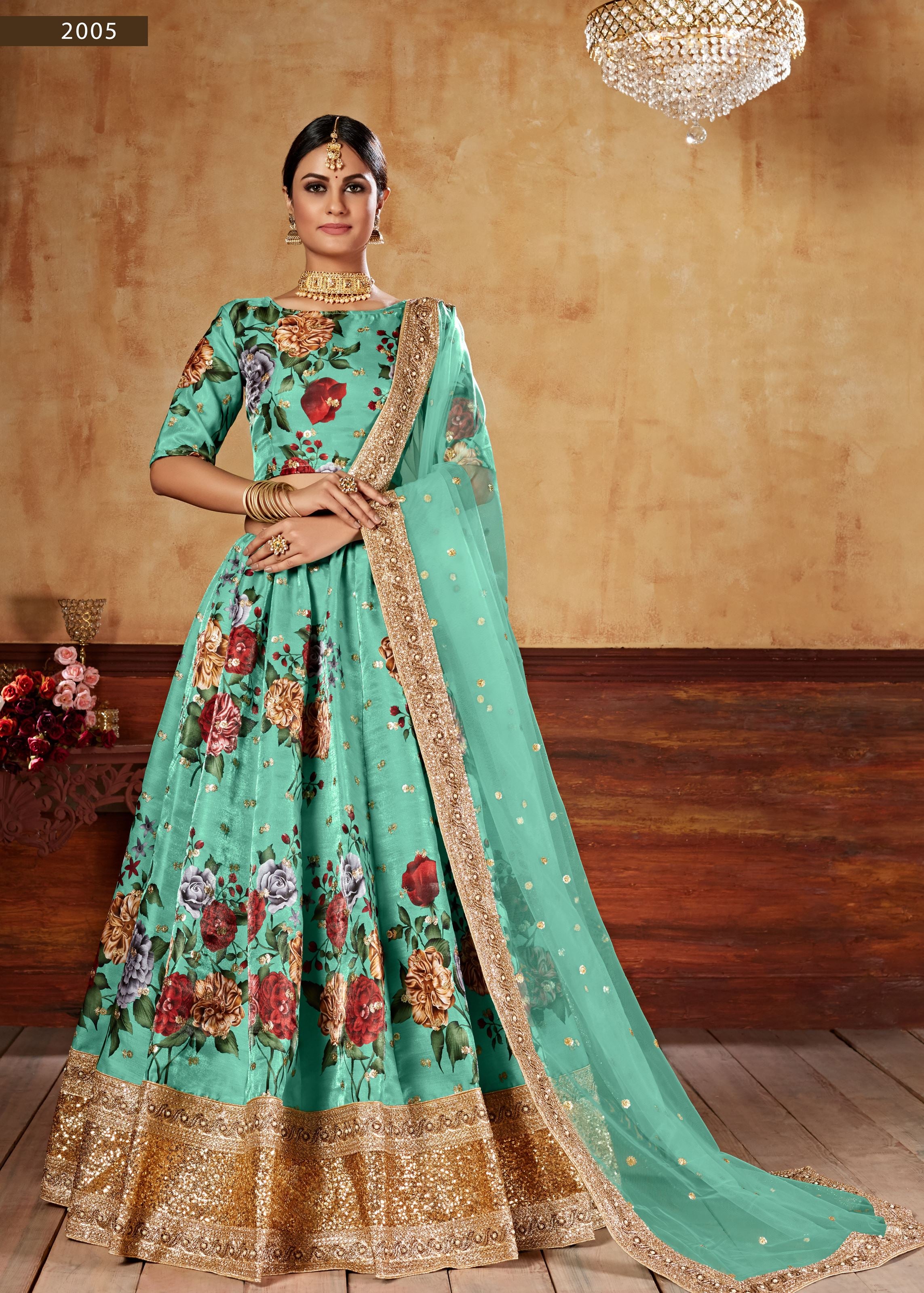 Green Lehenga Choli With Digital Print And Dori With Jari Sequins Butti,Embroidered Border And Pearl Work
