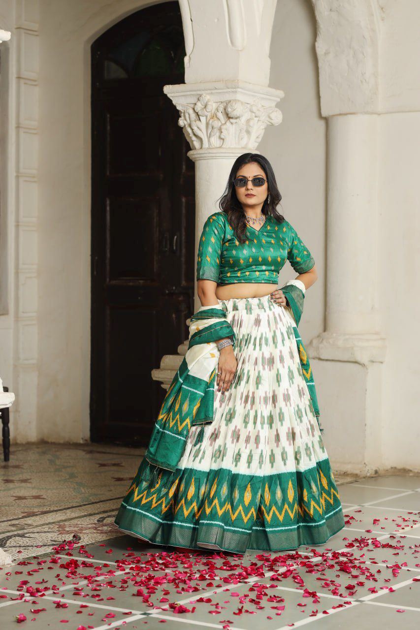 Green Lehenga Choli With Patola Print and Foil Work Belt