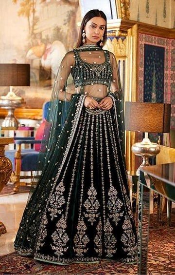 Green Lehenga Choli With Thread and Sequence Embroidery Work
