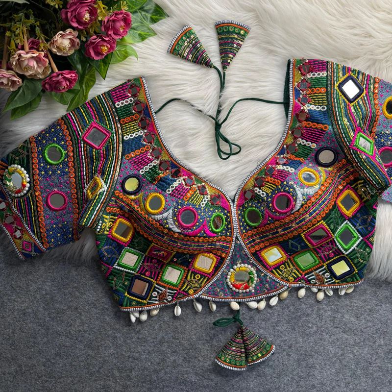 Green Navratri Blouse With Real Muliti Mirror Kodi Work