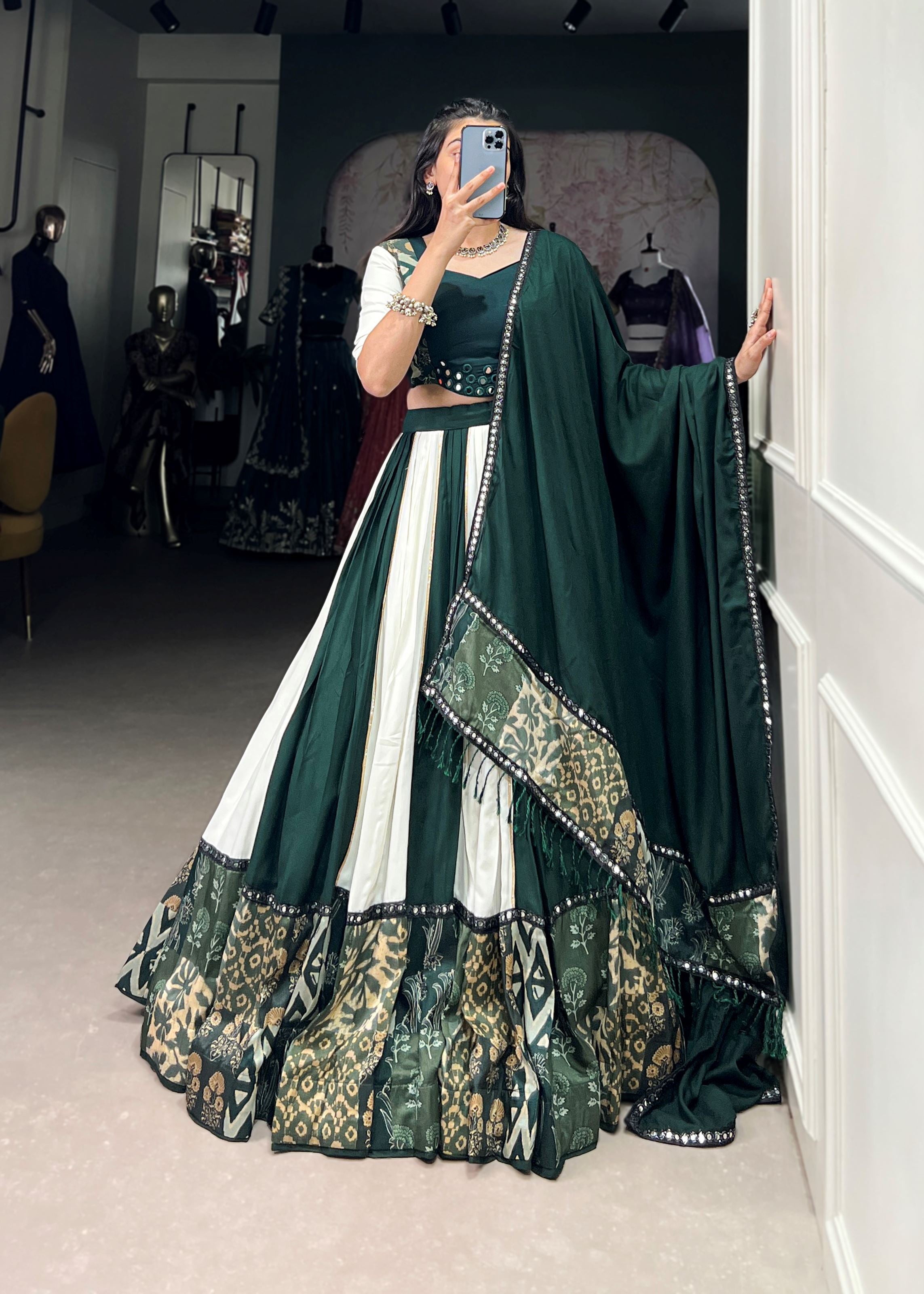 Green Printed Plain Rayon Lehenga with Mirror Lace and Gota Patti Sparkle