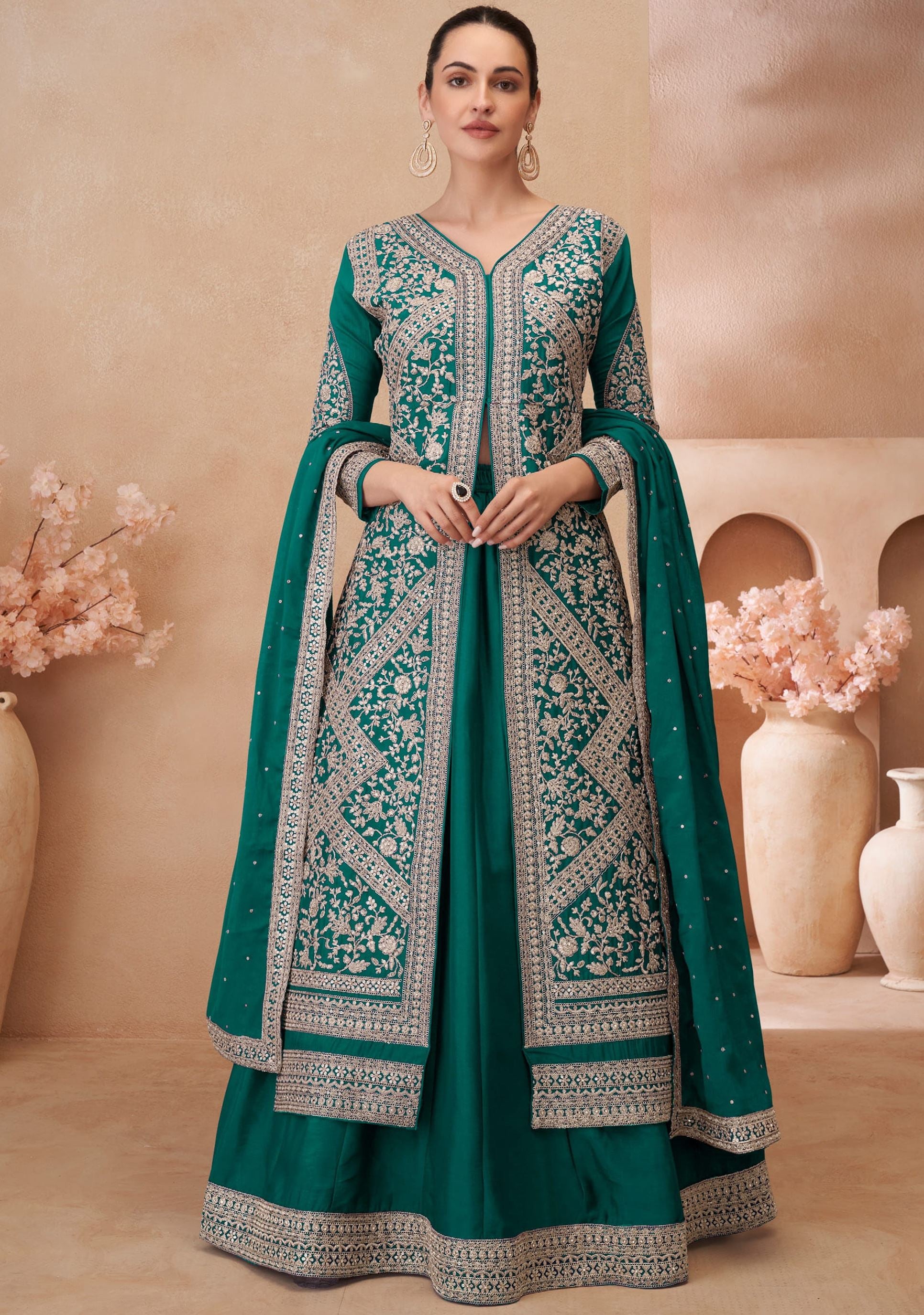 Green Top-Lehenga With Embroidery With Sequins Work (Free Size Stitched Upto 42)