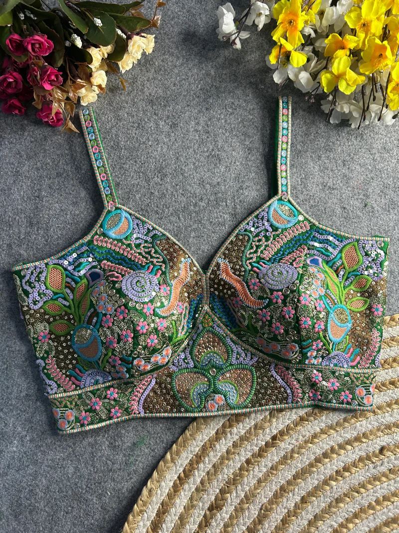 Green Vibrant Boho Spaghetti Blouse with Mirror & Thread Work