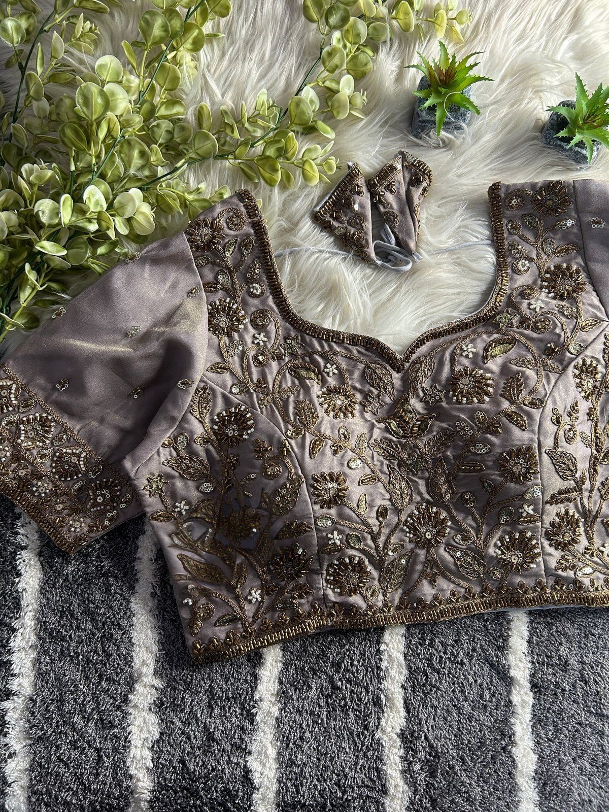 Grey Designer Embroidered Silk Blouse with Zari & Sequin Work