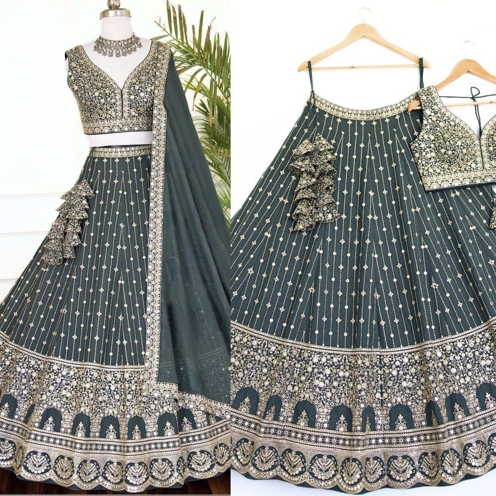 Grey Lehenga Choli With Sequins With Jari Embroidery Work