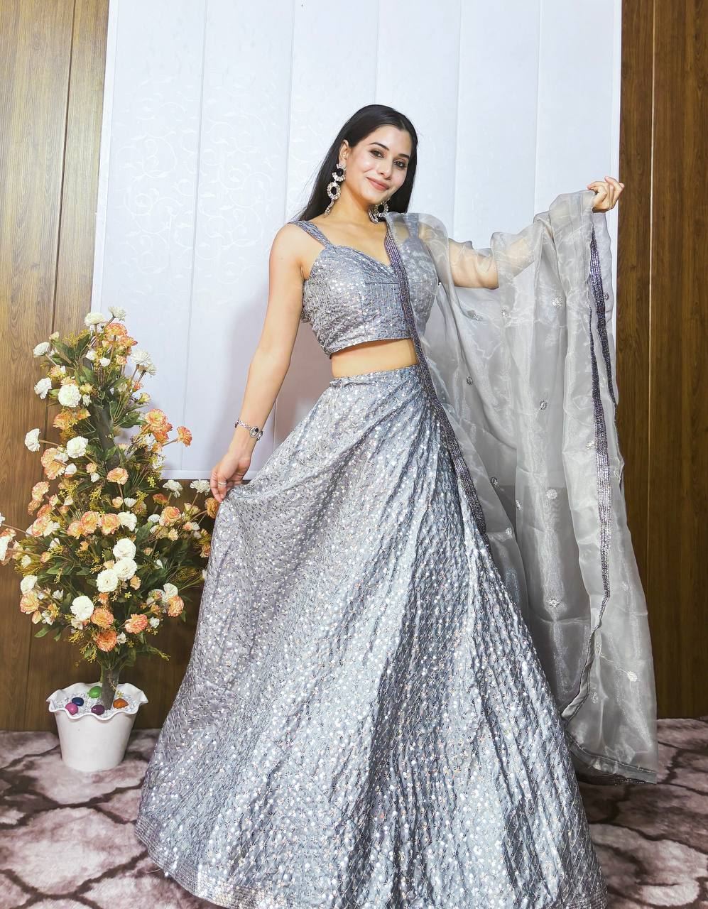 Grey Lehenga Choli With Sequins Work