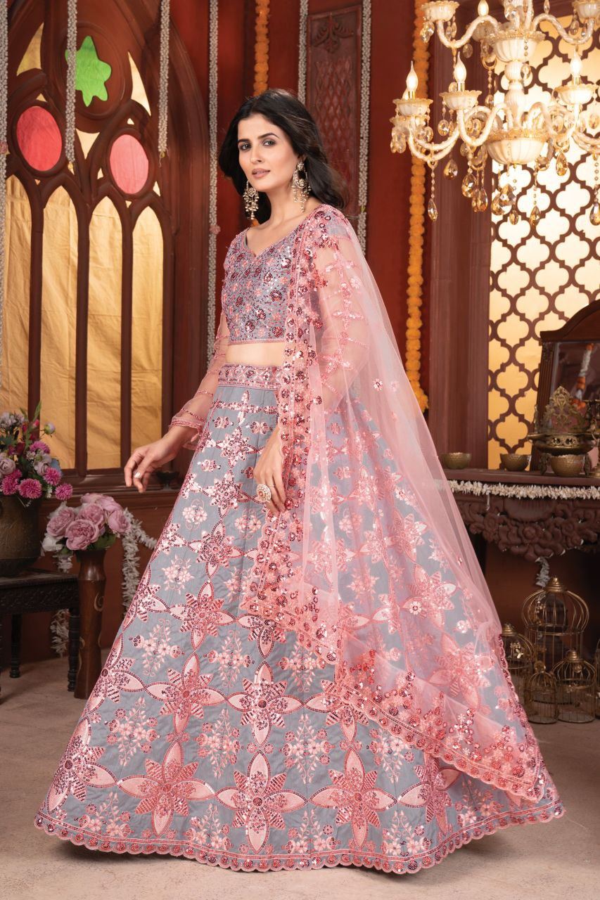 Grey Lehenga Choli With Thread Embroidery And Heavy Sequins Work