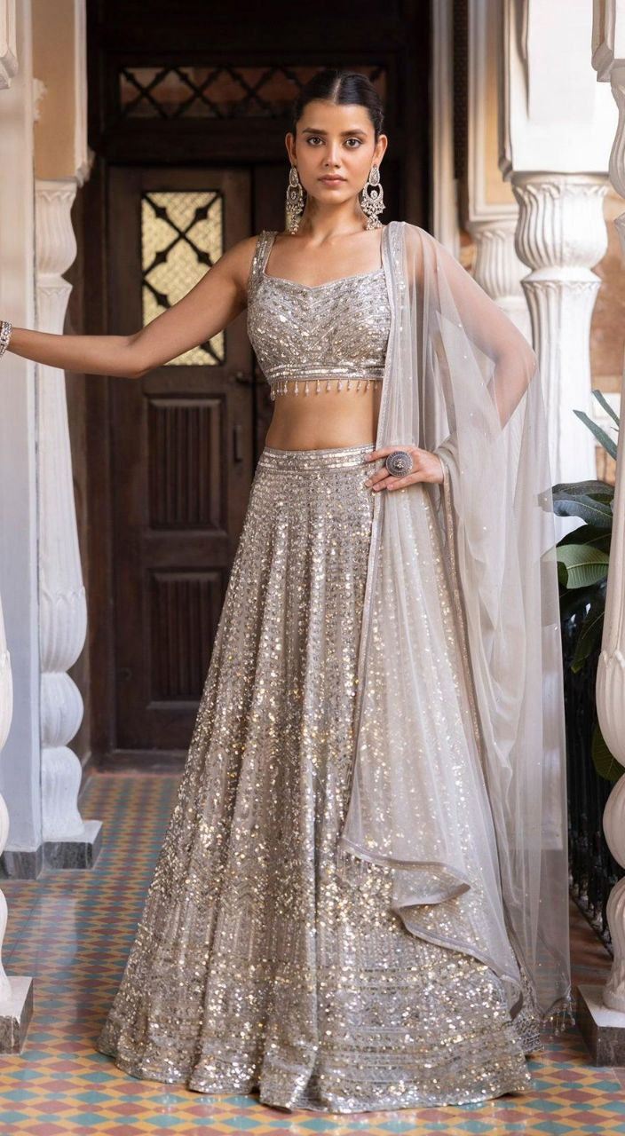 Grey Silk Blend Lehenga with Zari Heavy Sequin Embroidery