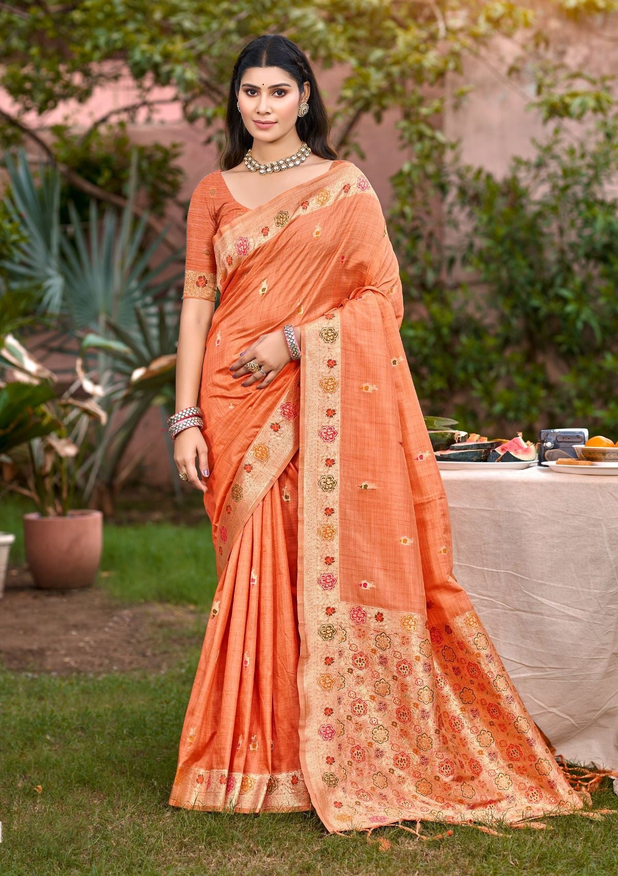 Jewel-Toned Orange Assam Silk Meenakari Festival Saree