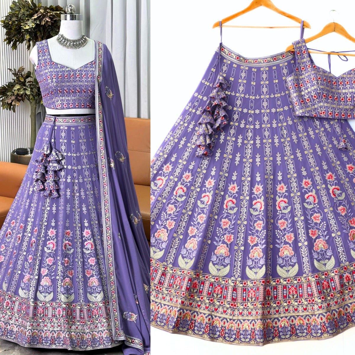 Lavender Lehenga Choli With Thread and Sequence Embroidery Work