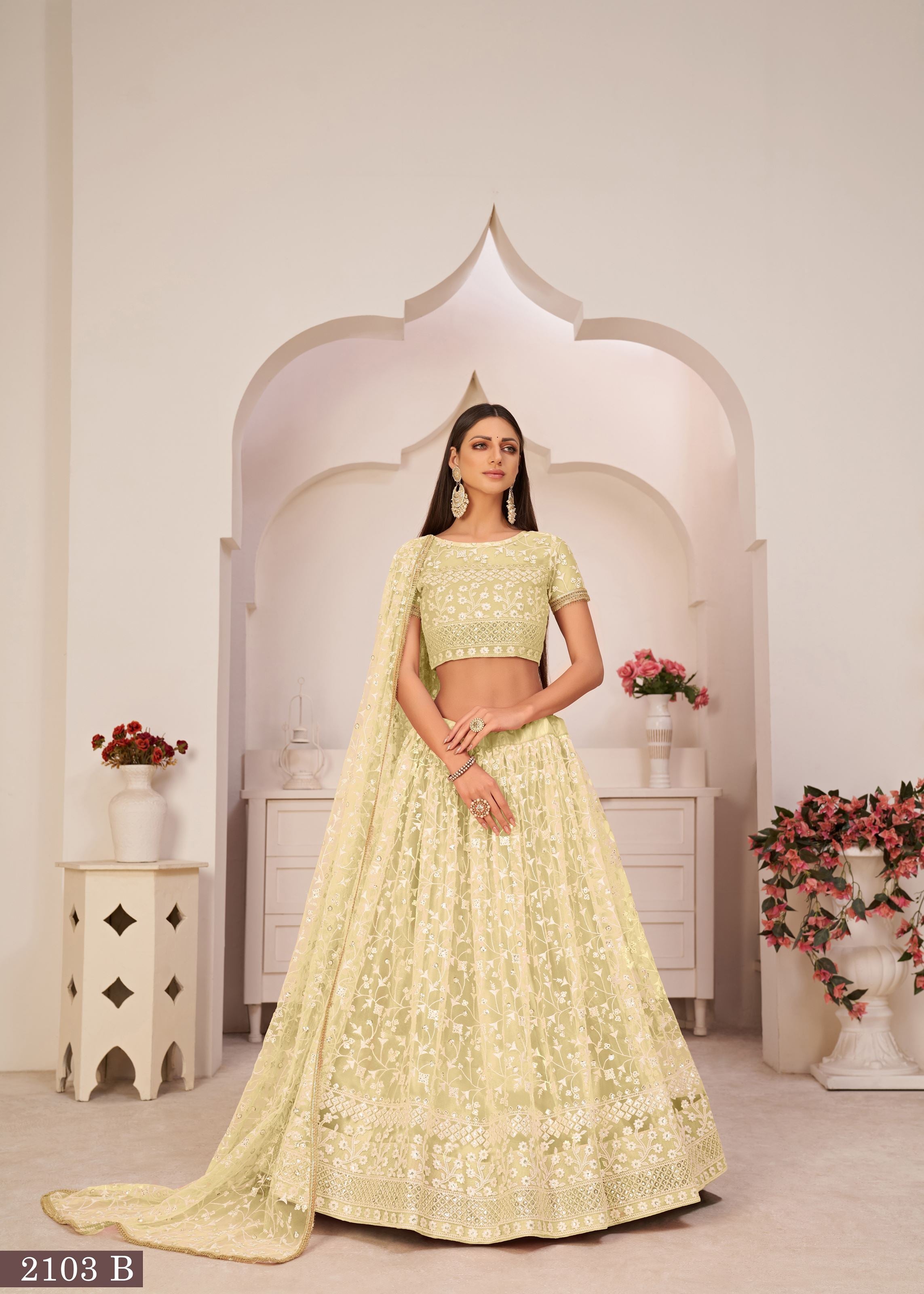 Lemon Yellow Net Lehenga Choli With Thread And Zari Sandwich Sequence Embroidery Work