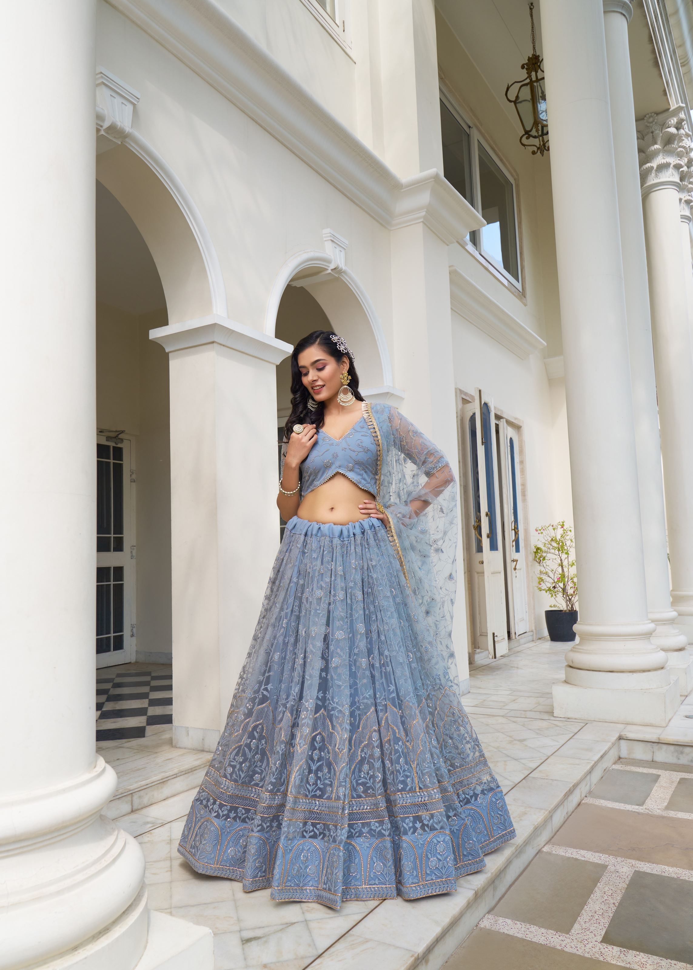 Light Blue Grey Butterfly Net Lehenga Choli With Designer Thread Work, Zari Work And Sequence Work