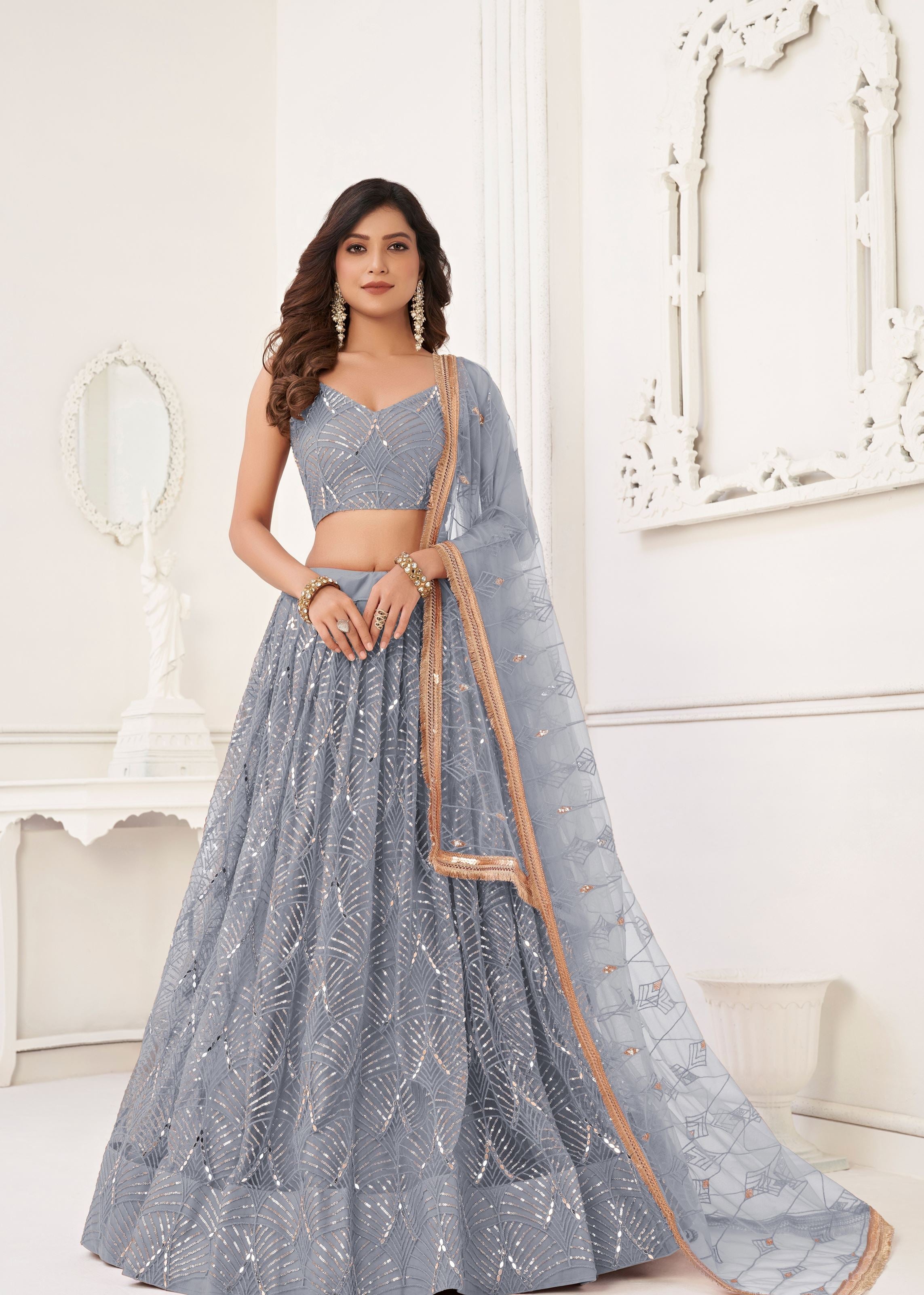 Light Grey Net Lehenga Choli With Thread Embroidery Real Mirror Work