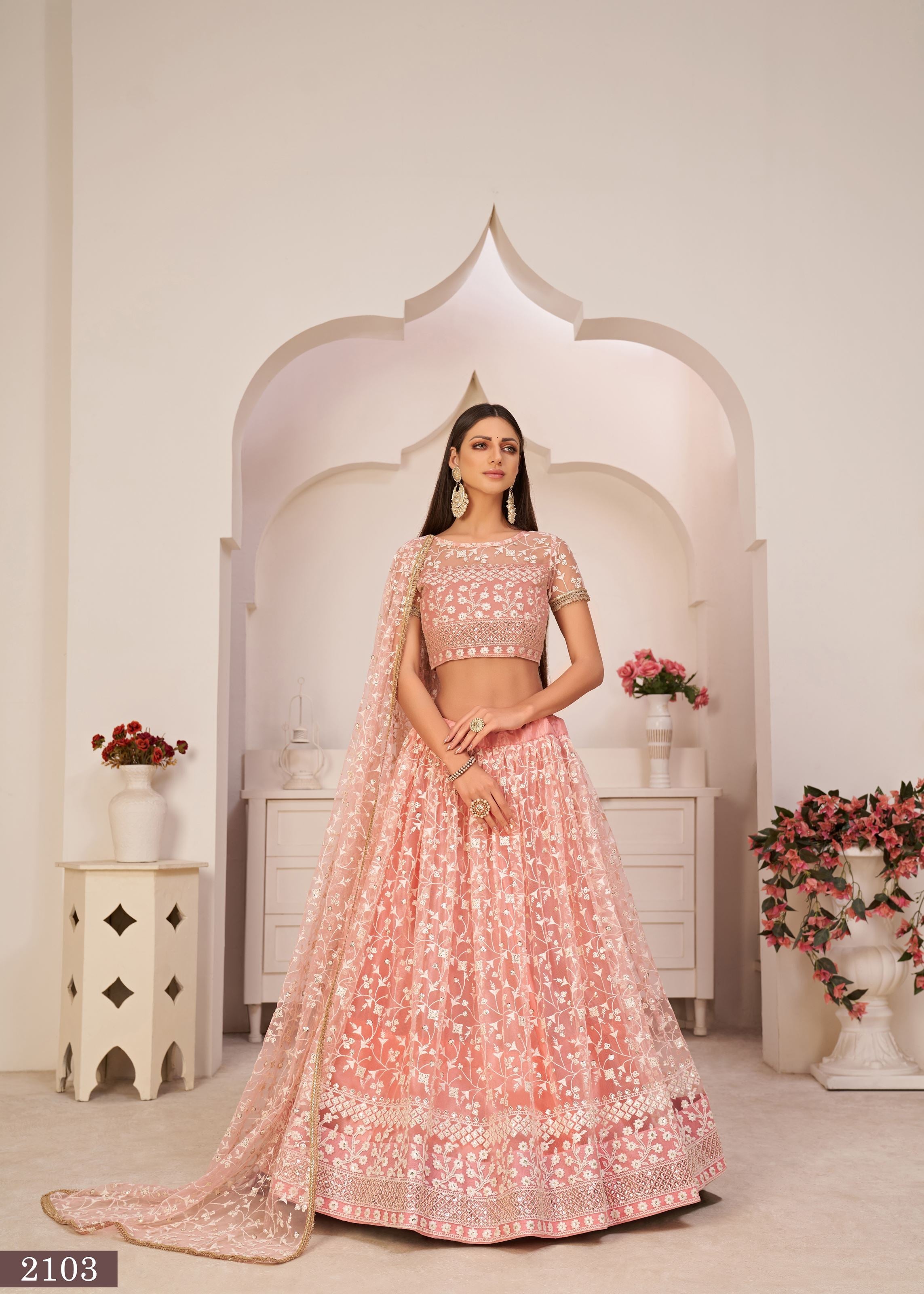 LightPink Net Lehenga Choli With Thread And Zari Sandwich Sequence Embroidery Work