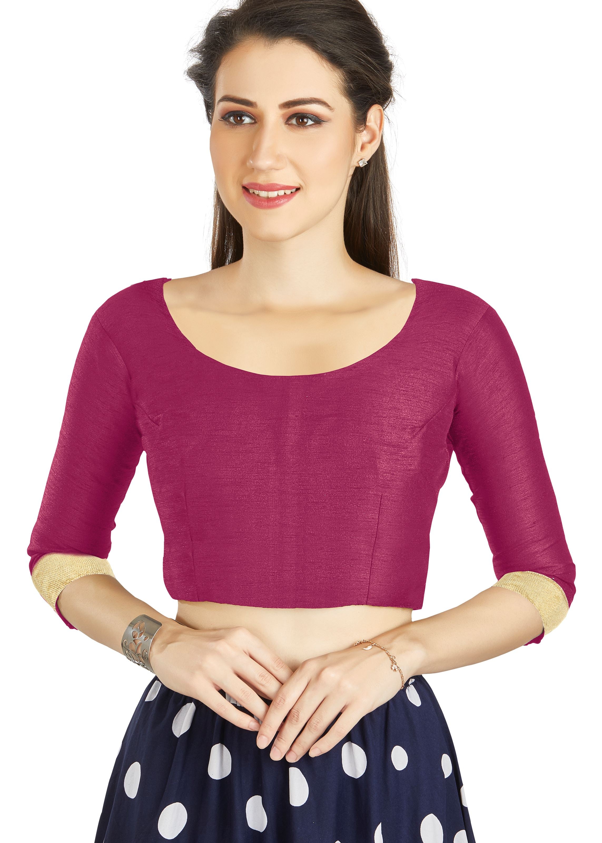 Magenta Art silk U Neck Blouse With Matty Work In Sleeve