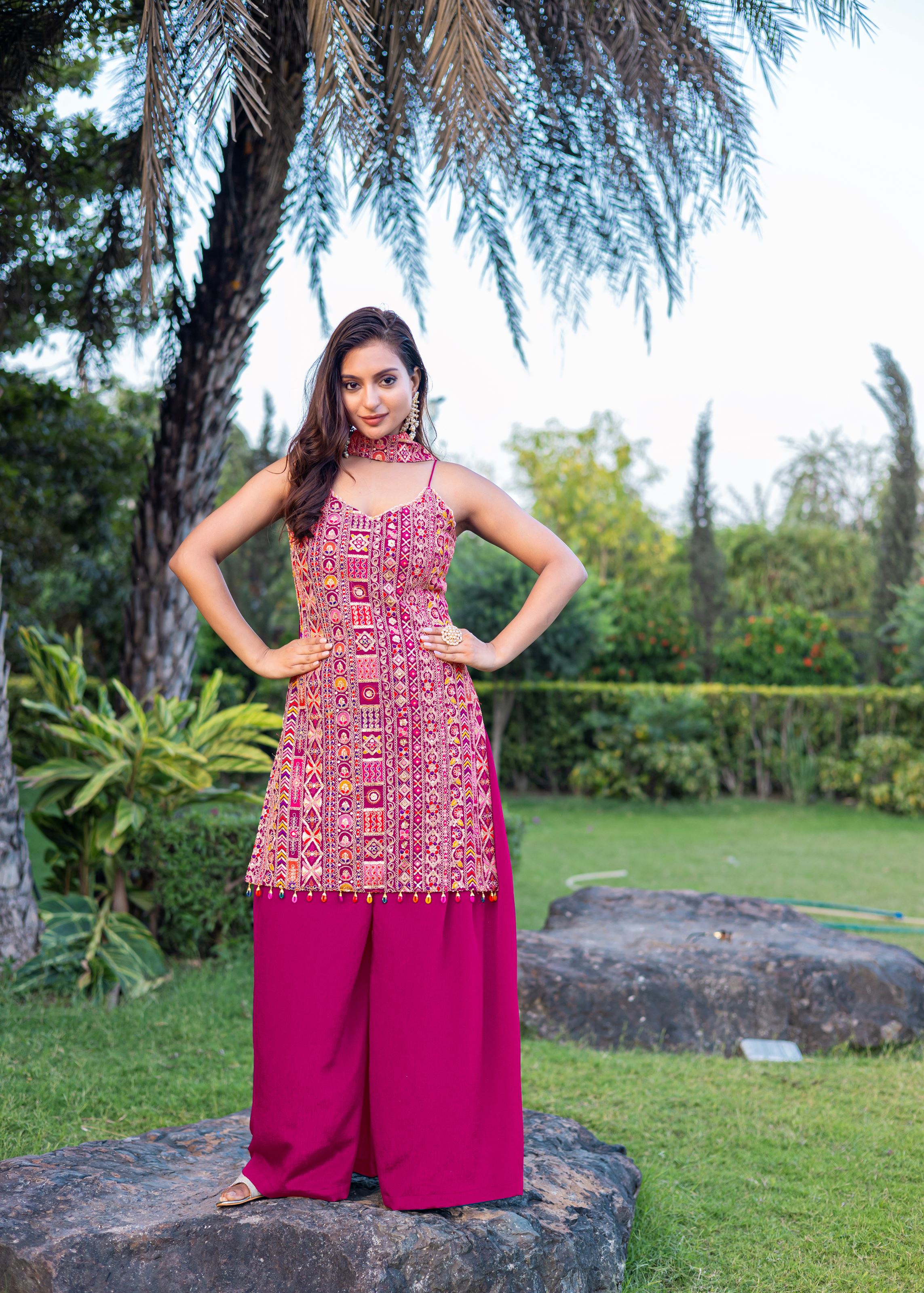 Magenta Sharara Dress With Embroidery Work