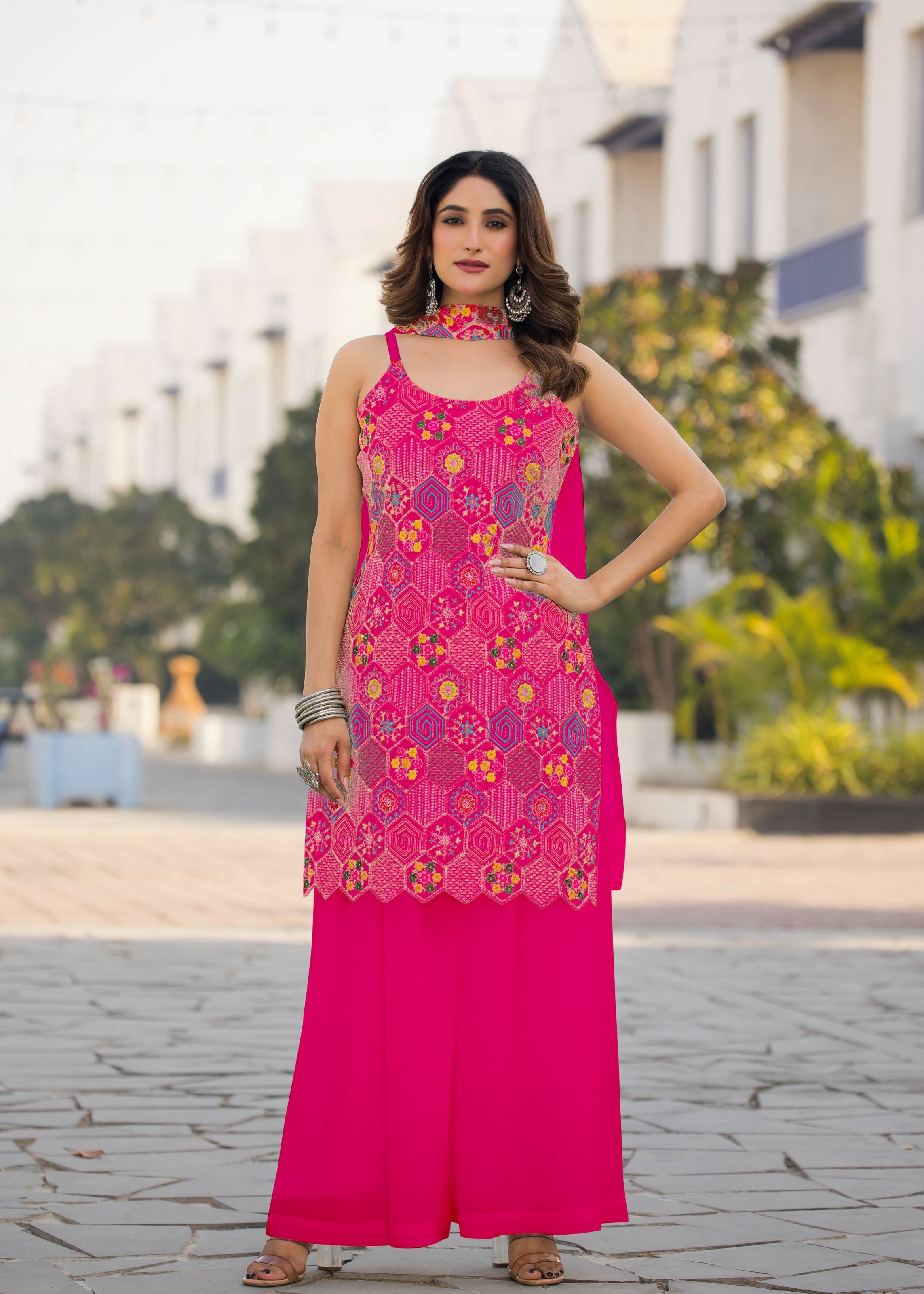 Magenta Sharara Dress With Embroidery Work