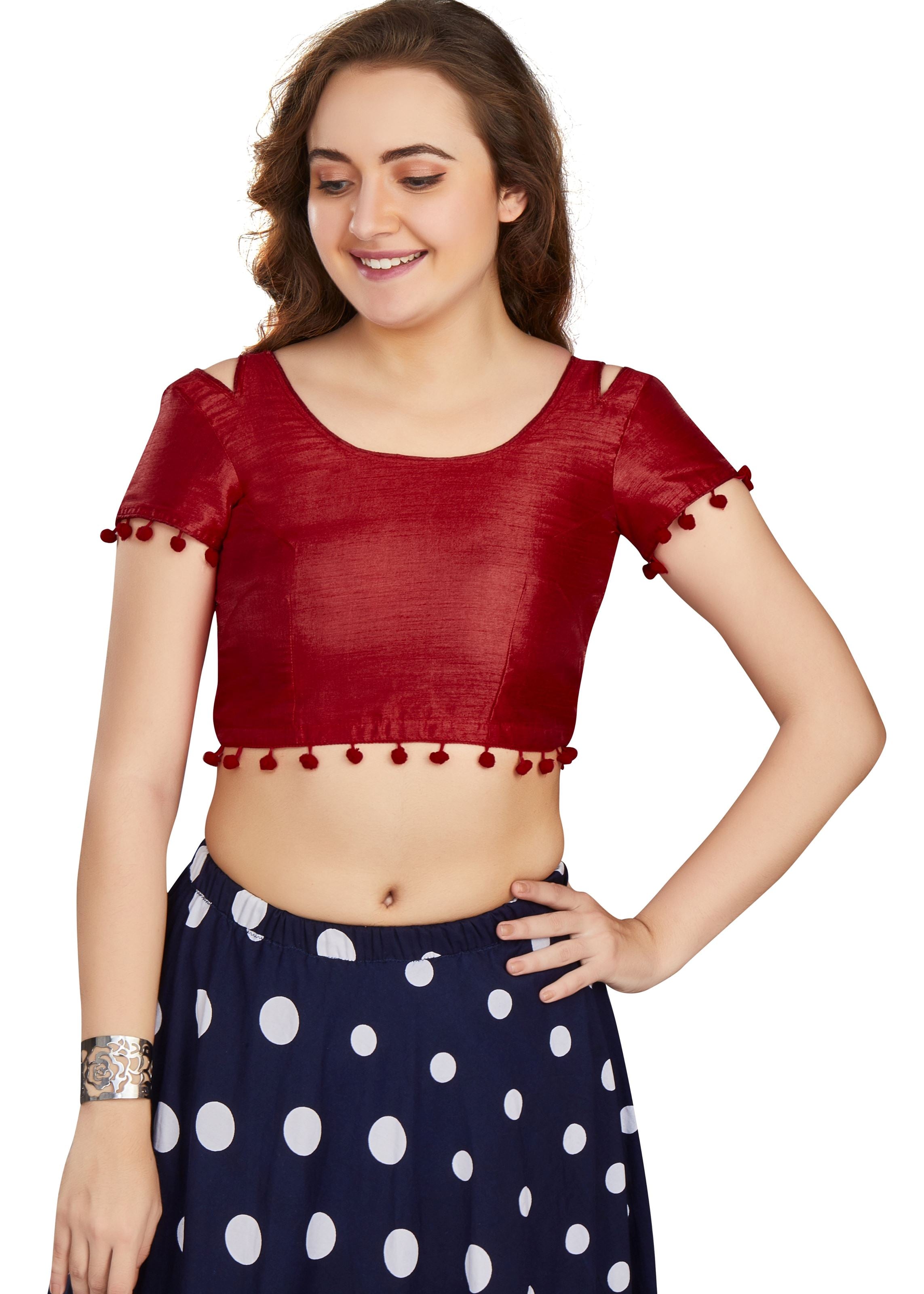 Maroon Art Silk Boat Neck Plain Blouse