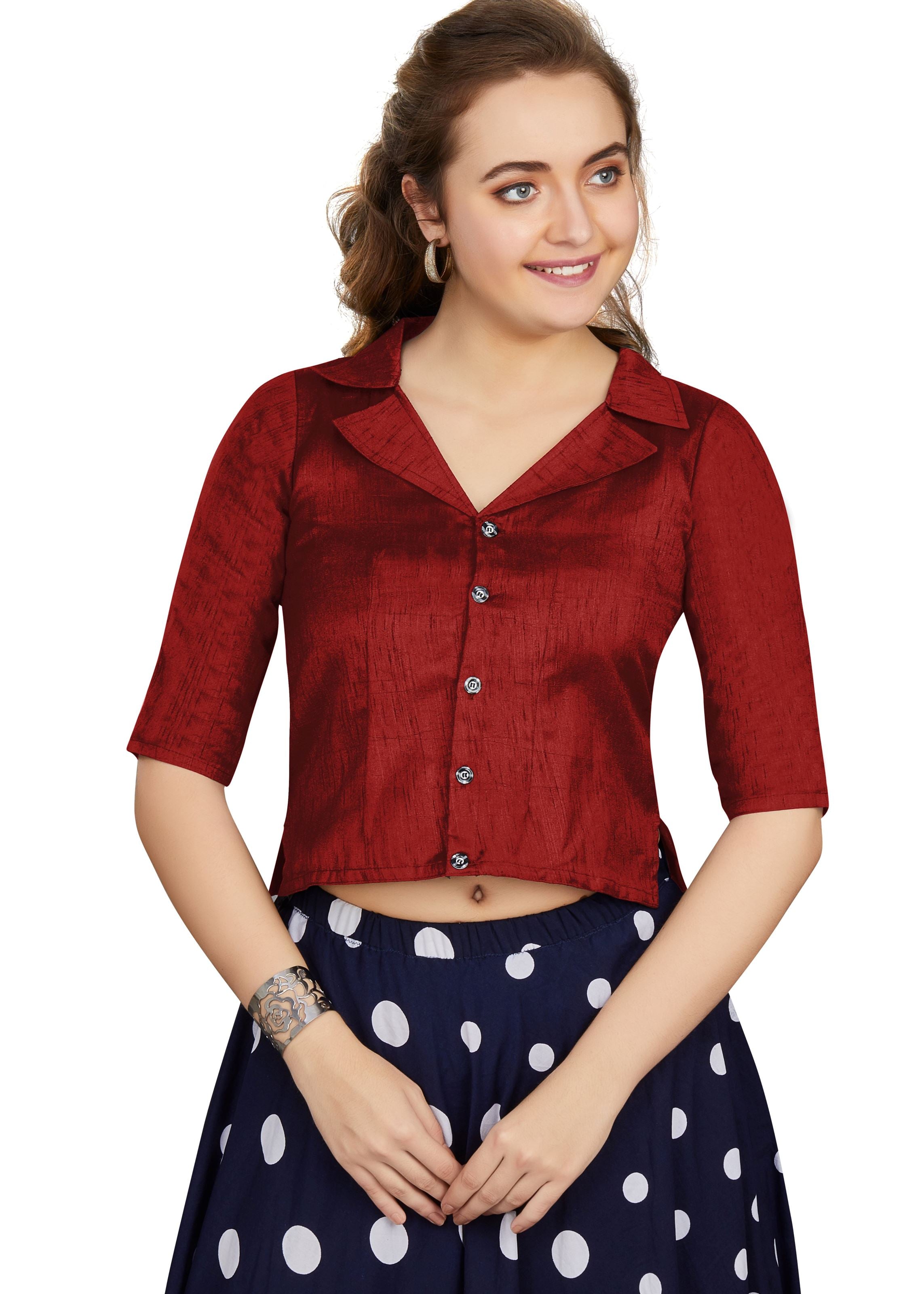 Maroon Art Silk Collar Neck Plain Blouse