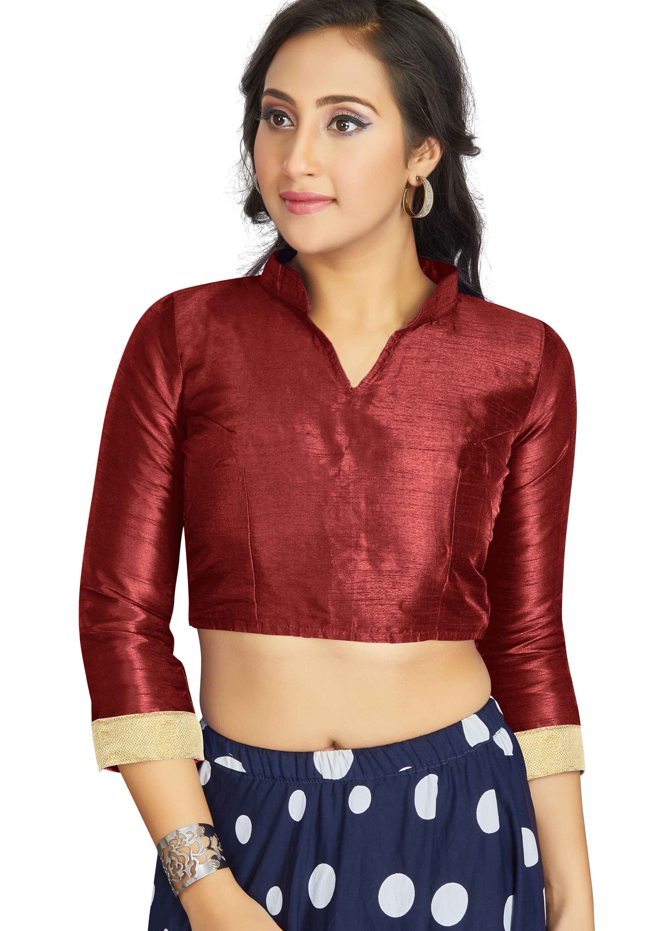 Maroon Art Silk V Neck Chinese Collar Blouse With Matty In Sleeve