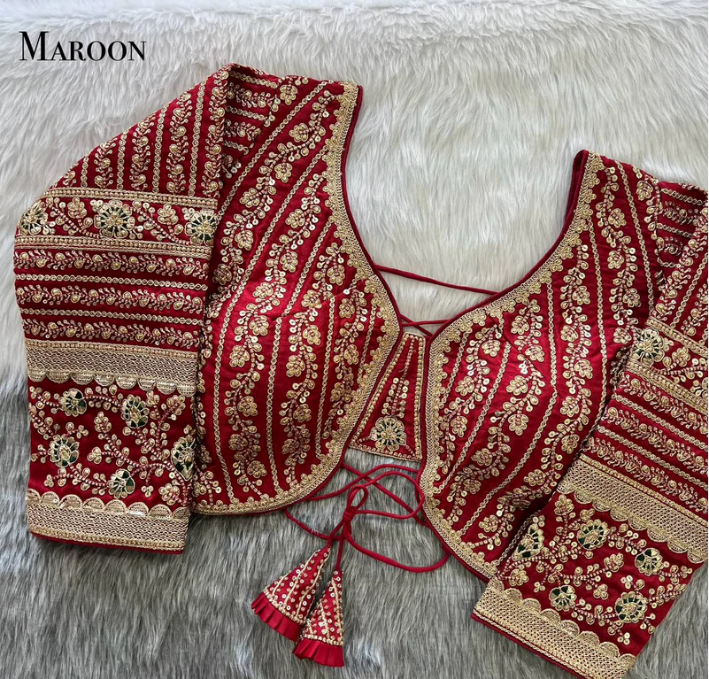 Maroon Beautiful Long Sleeves Backless Bridal Blouse With Embroidery Sequins Work