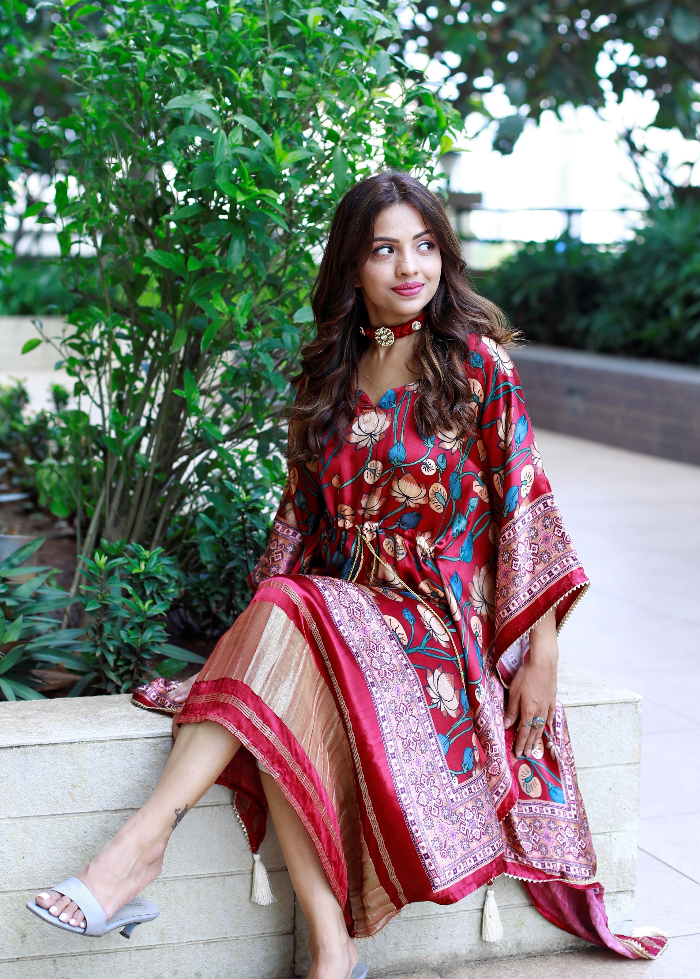 Maroon Color Pure Gaji Silk Kaftan with Gotta Patti Tassels