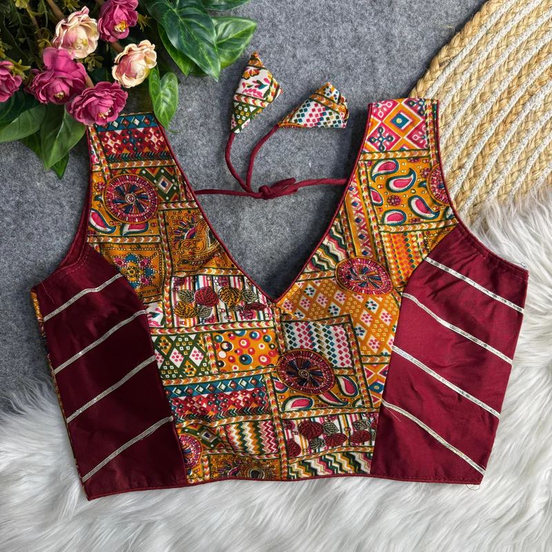 Maroon Ethnic Print Garba Blouse with Bold Contrast Look