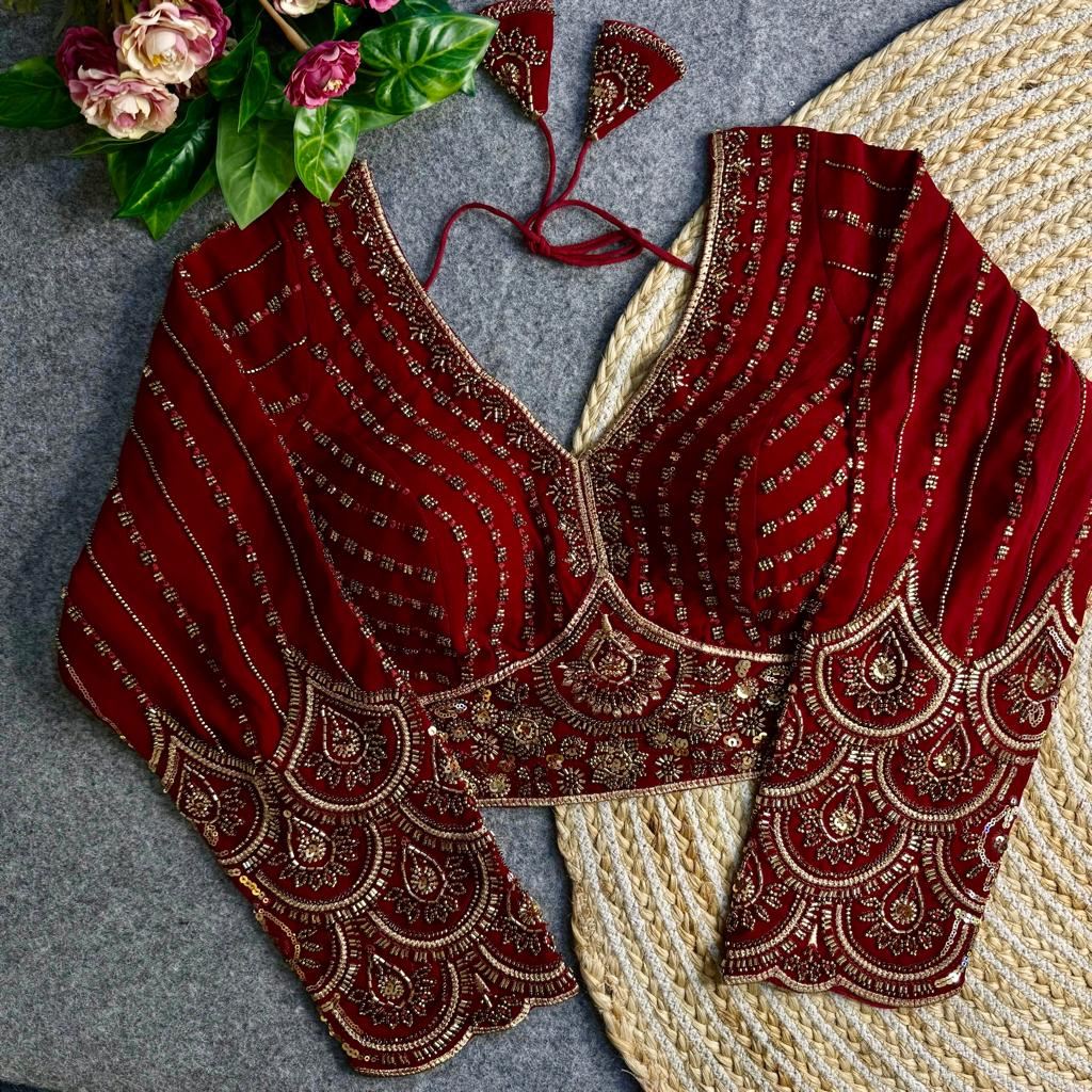 Maroon Georgette Blouse with Heavy Thread Embroidery Sequins Work