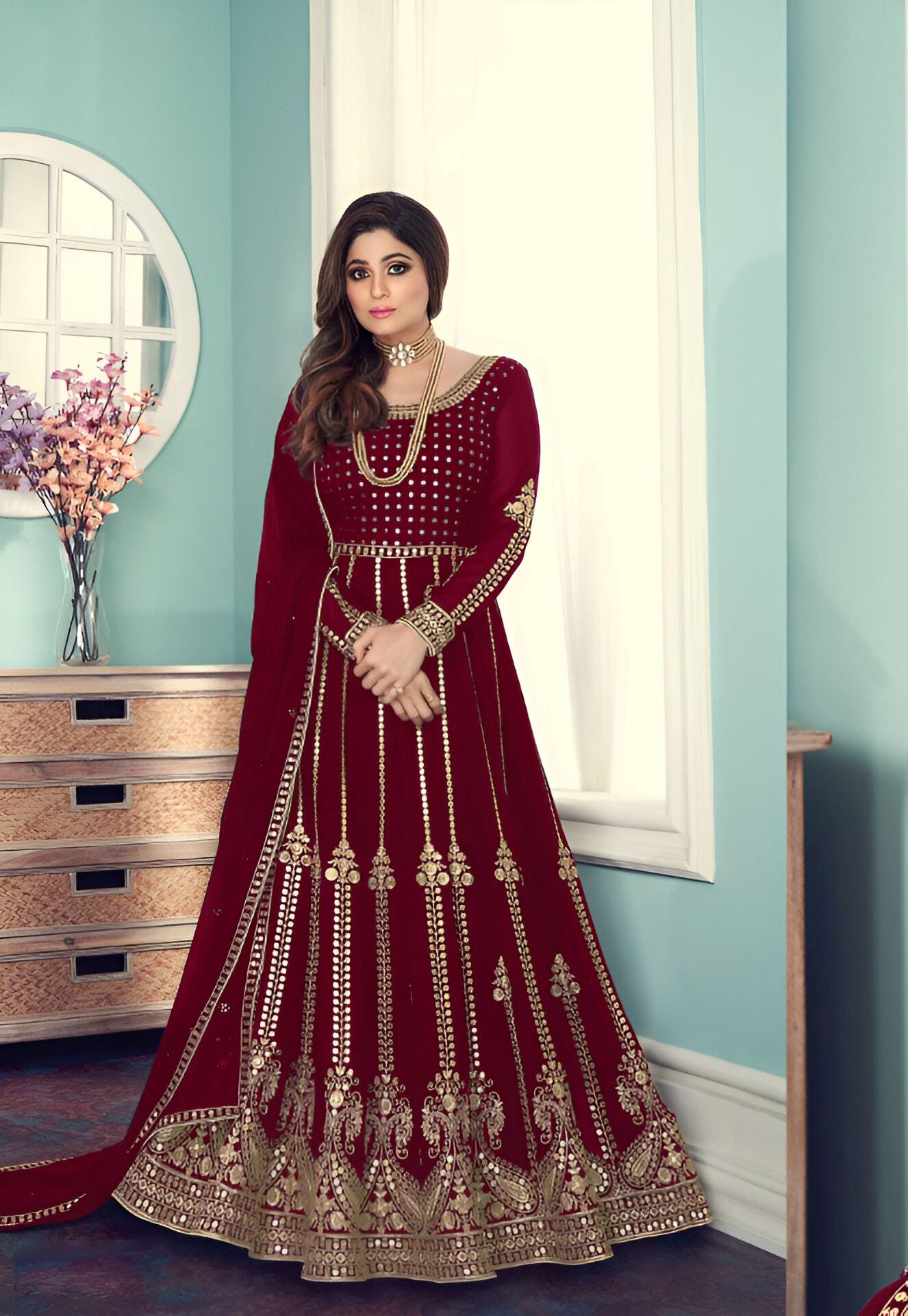 Maroon Heavy Designer Suit With Heavy Embroidery Work