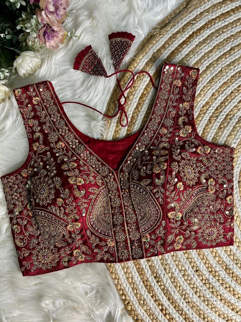 Maroon Heavy Handwork Partywear Blouse Elegance in Every Stitch