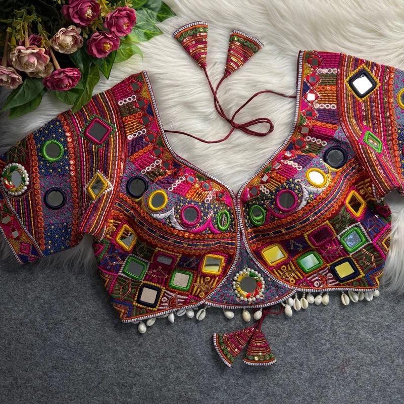 Maroon Navratri Blouse With Real Muliti Mirror Kodi Work