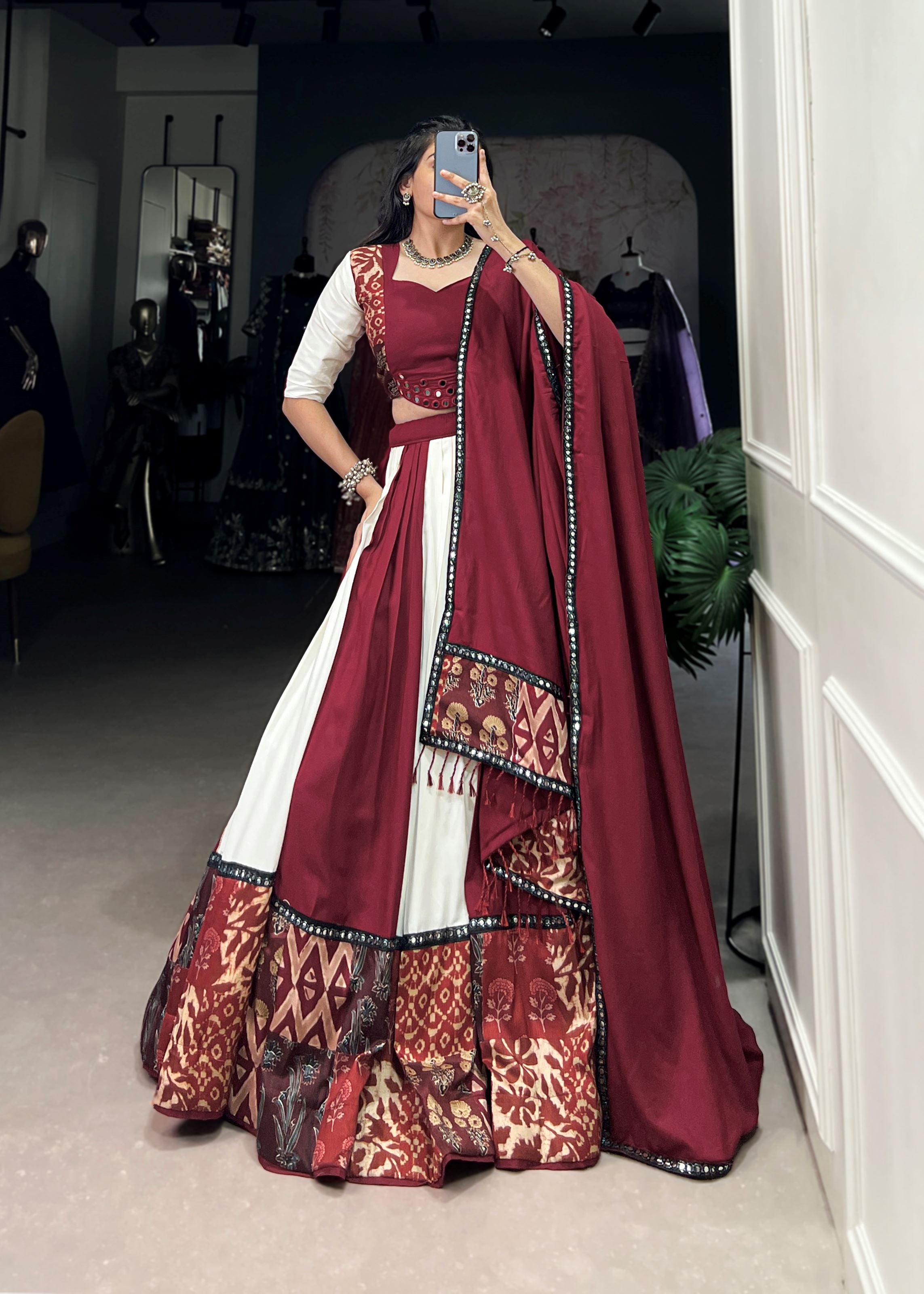 Maroon Printed Plain Rayon Lehenga with Mirror Lace and Gota Patti Sparkle