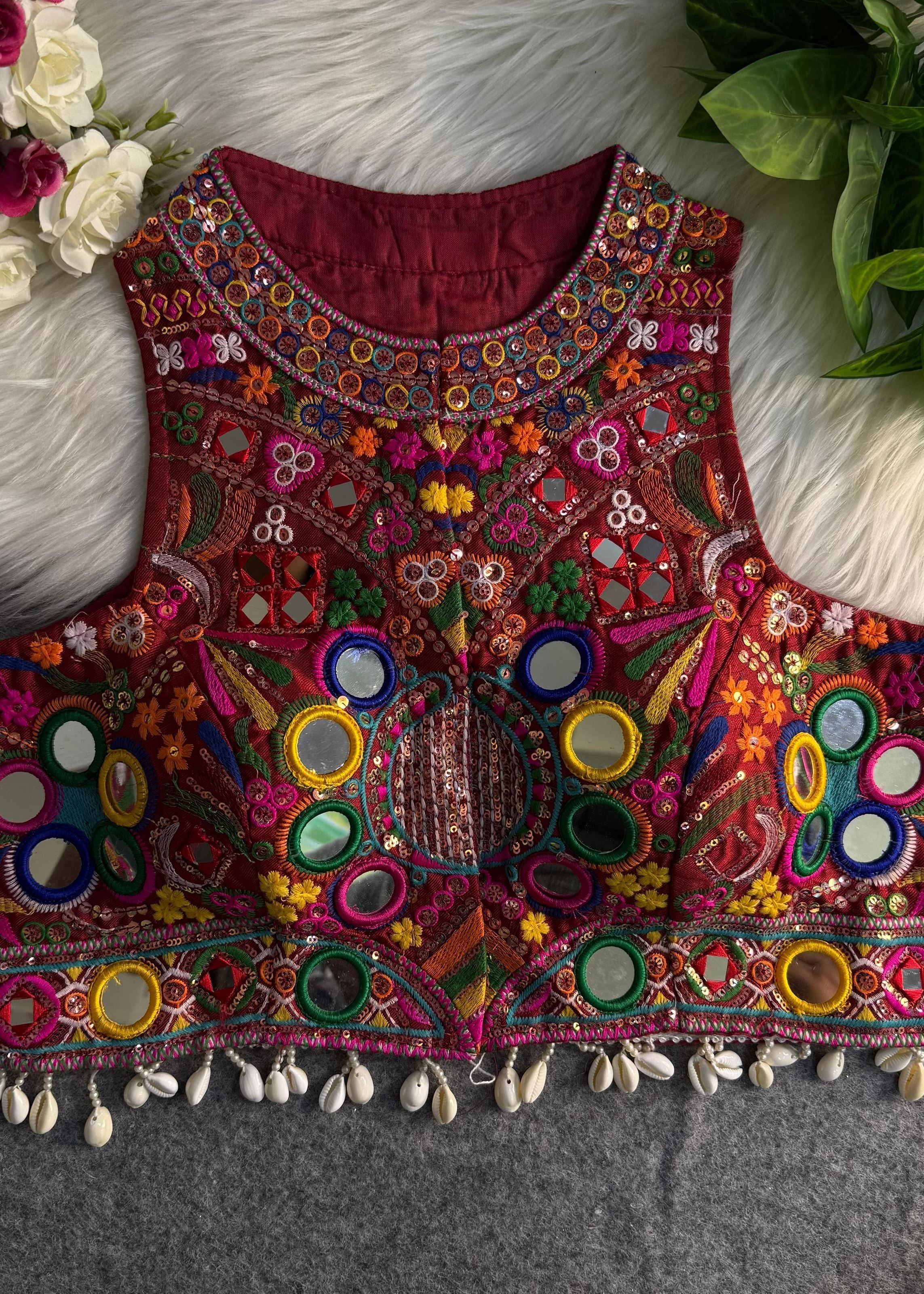 Maroon Round Neck Navratri Blouse with Gamthi Mirror & Shell Work