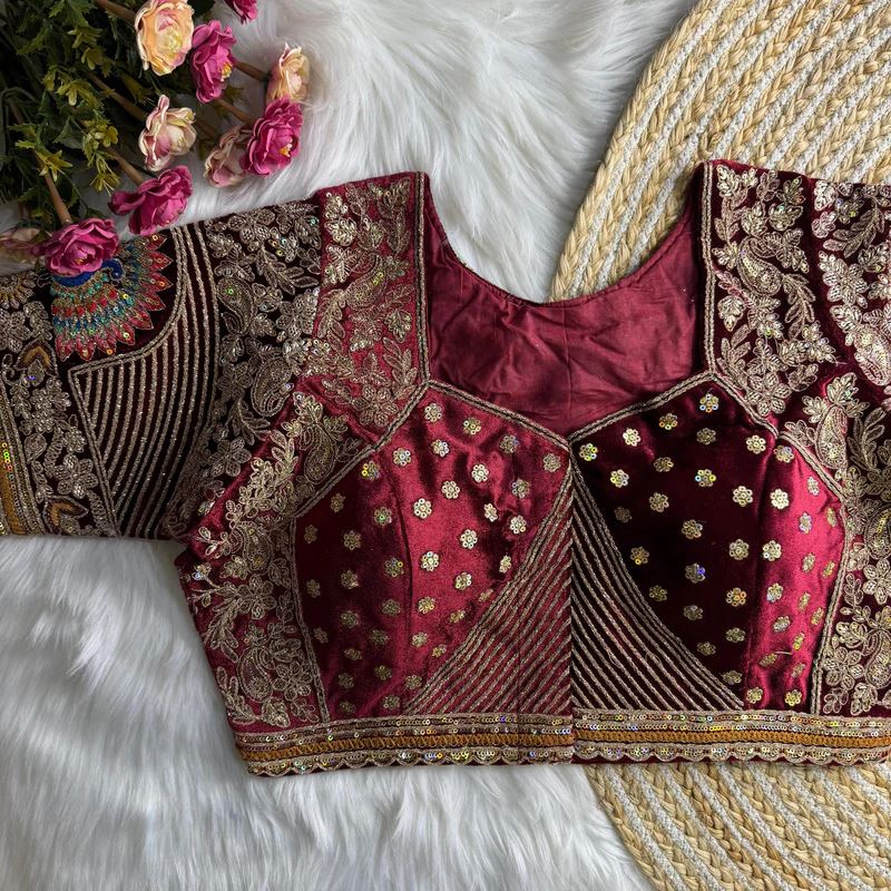 Maroon Royal Rajwadi Velvet Wedding Blouse with Dulha Dulhan Embroidery