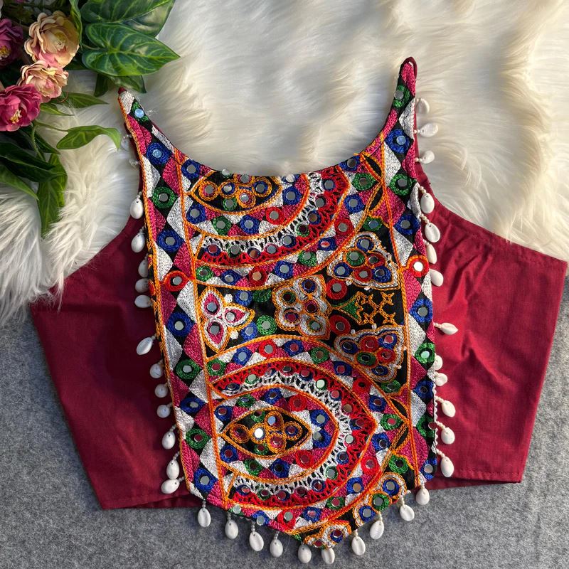 Maroon Spaghetti Blouse With Real Shell Handwork