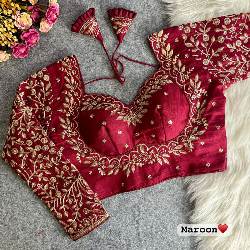 Marron Embroidered Blouse with Puff Sleeves & Zari Work