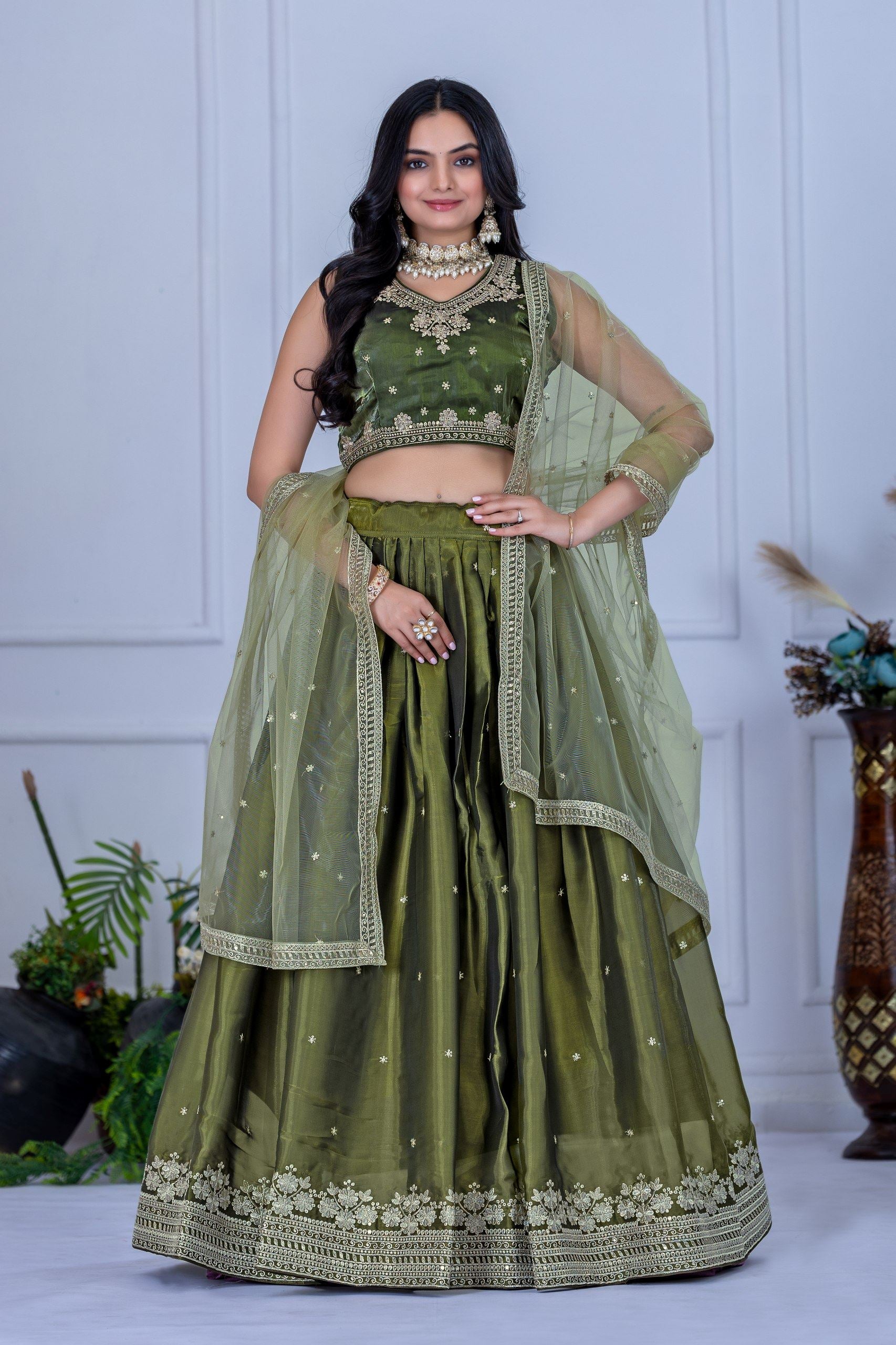Mehandigreen Lehenga Choli With Embroidery With Zari Thread Sequence Work