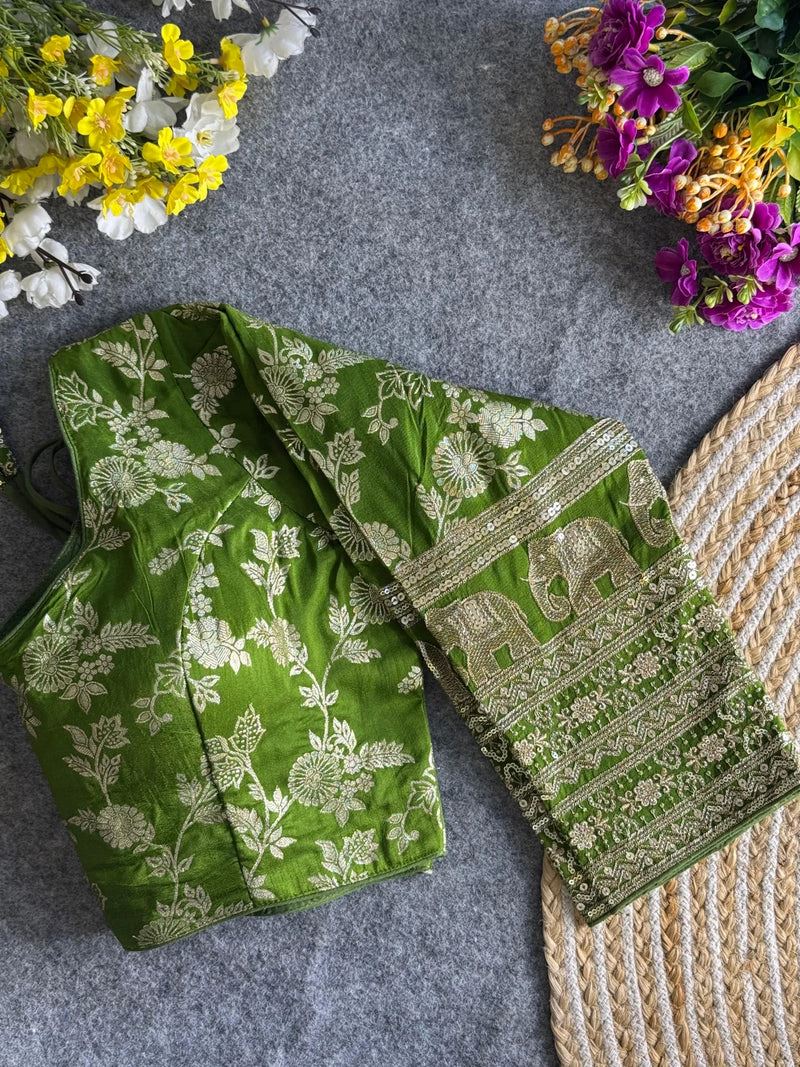 Mehendi Green Elegant Silk Blouse with Intricate Elephant Design