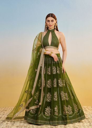 Mehendi green Lehenga Choli With Tone To Tone Thread Work Zari Work and Sequence Work Embroidery With Readymade Fancy Lace