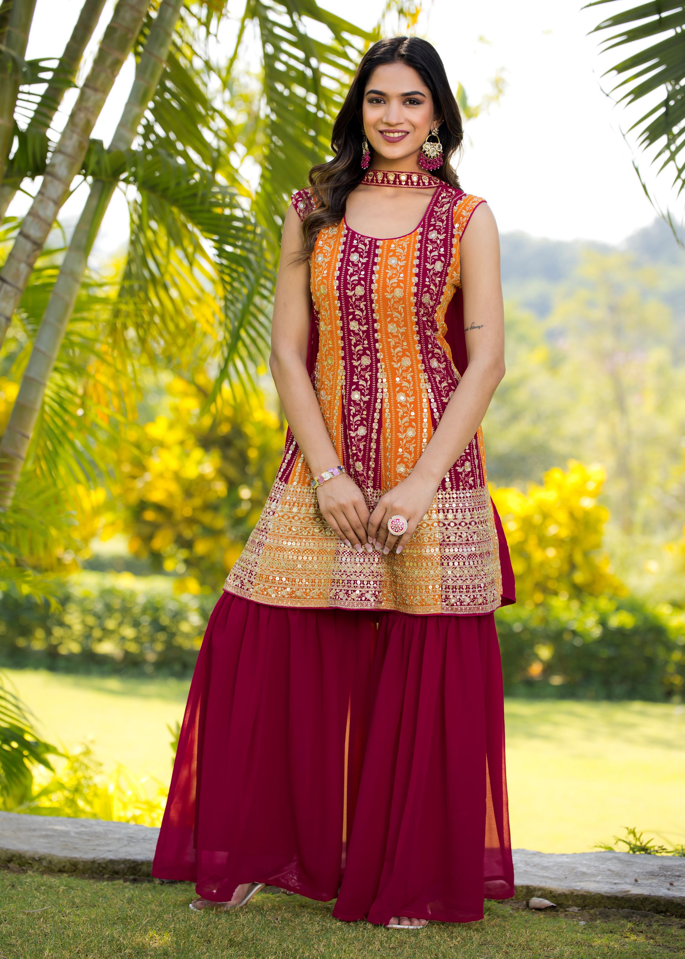 Multi Sharara Dress With Sequence Embroidered
